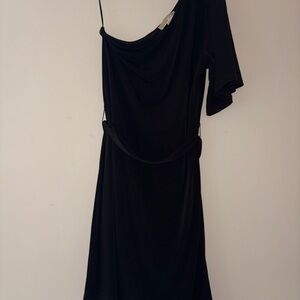 Michael Michael Kors Black One Shoulder Dress with Gold Chain Detail Size M